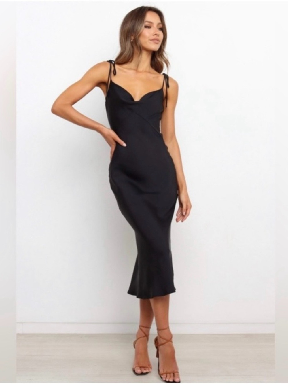 Petal & Pup Dreamland Black Slip Midi Dress with Tie Straps